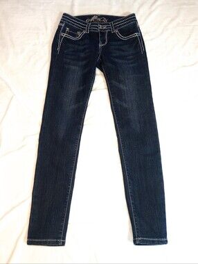 Miss Chic Dark Denim Y2k Low Rise Jeans Cross Patchwork Gemstone Embroidery Sz 7